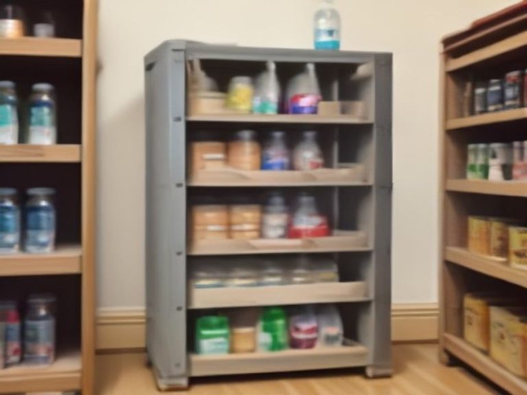 Stackable beverage racks and bottle storage on a lower pantry shelf.
