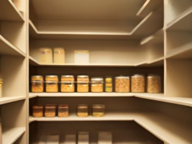 Pantry shelves categorized systematically by food group.