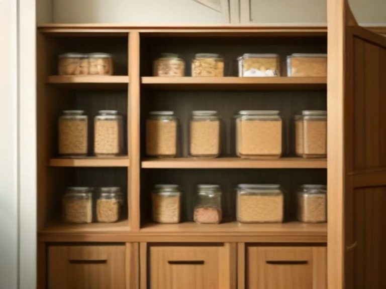 Clear pasta and grain containers neatly arranged on pantry shelves.