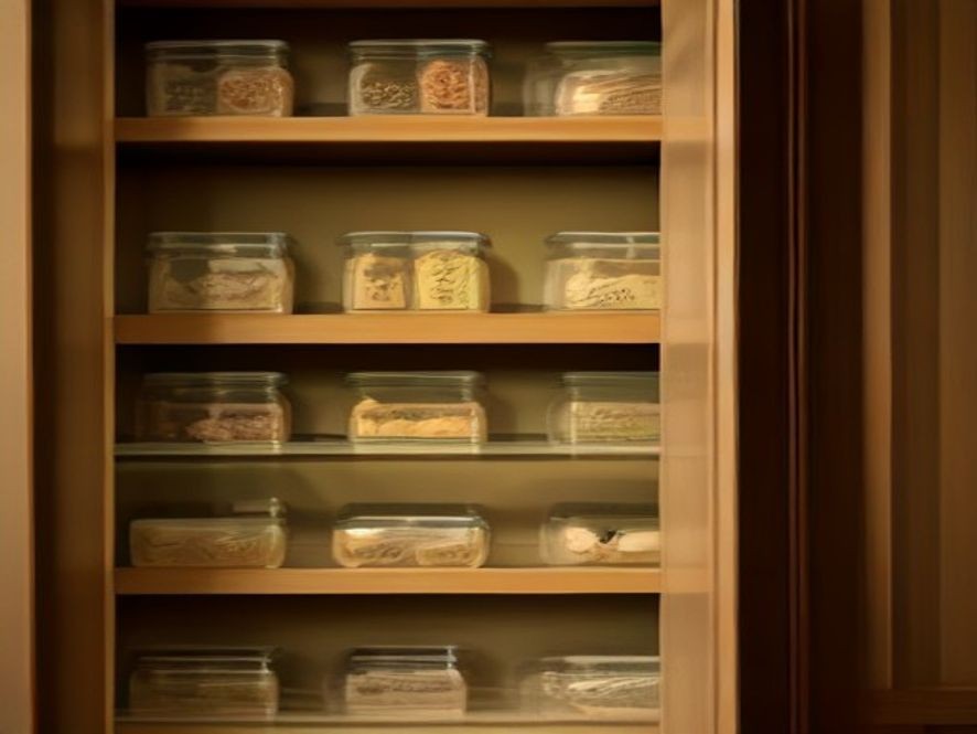 Tiered spice step display maximizing vertical pantry shelf space.