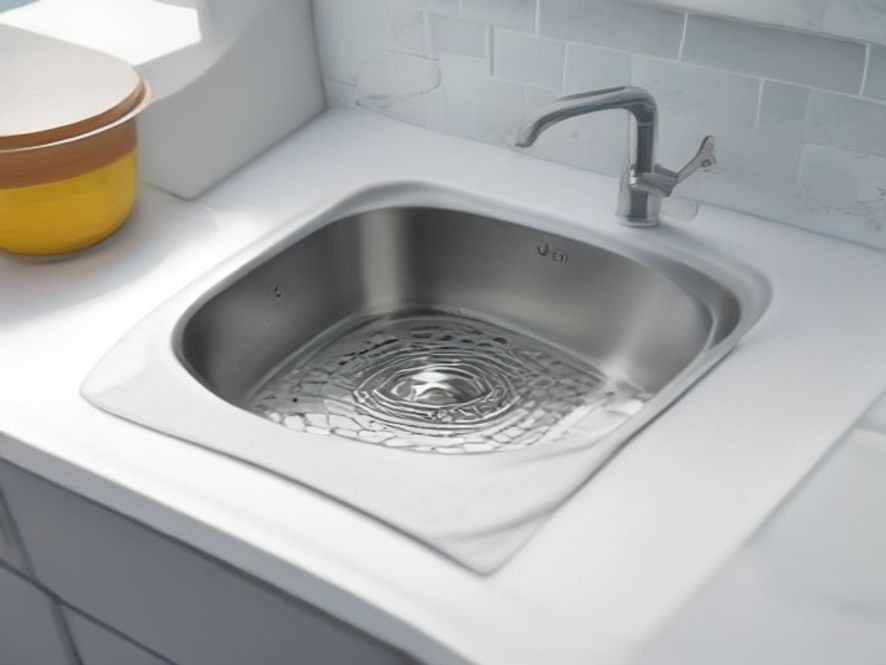 A fine stainless steel mesh strainer covering a kitchen sink drain opening.