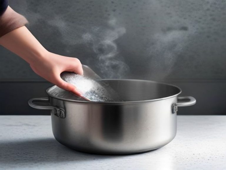 Soaking a metal utensil in a baking soda bath inside a stainless steel pot.