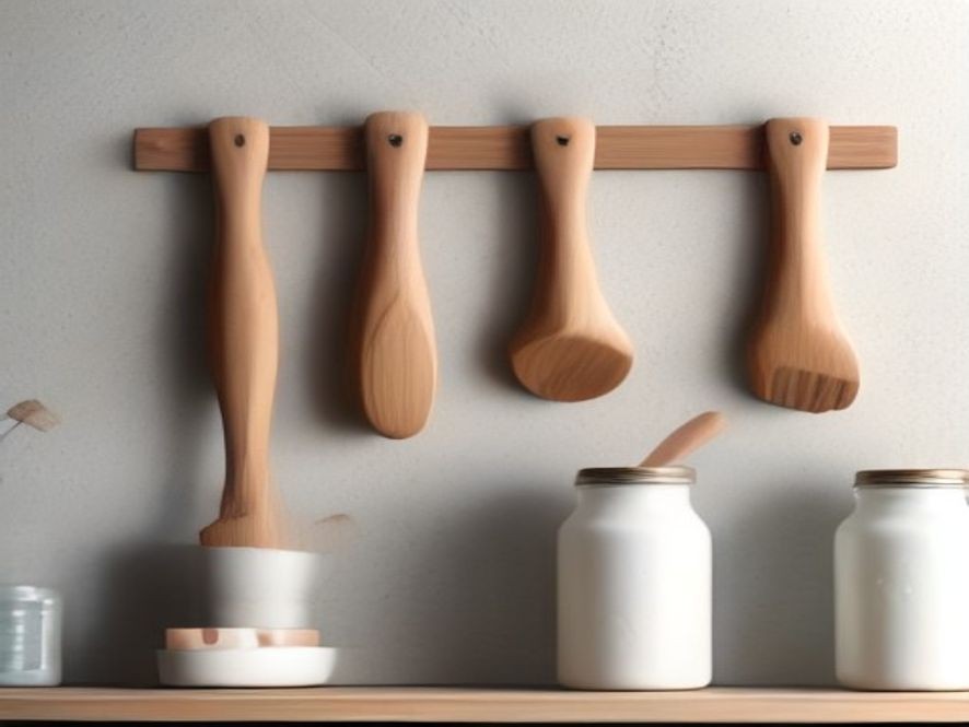 Wooden cooking utensils drying neatly in a white ceramic crok.