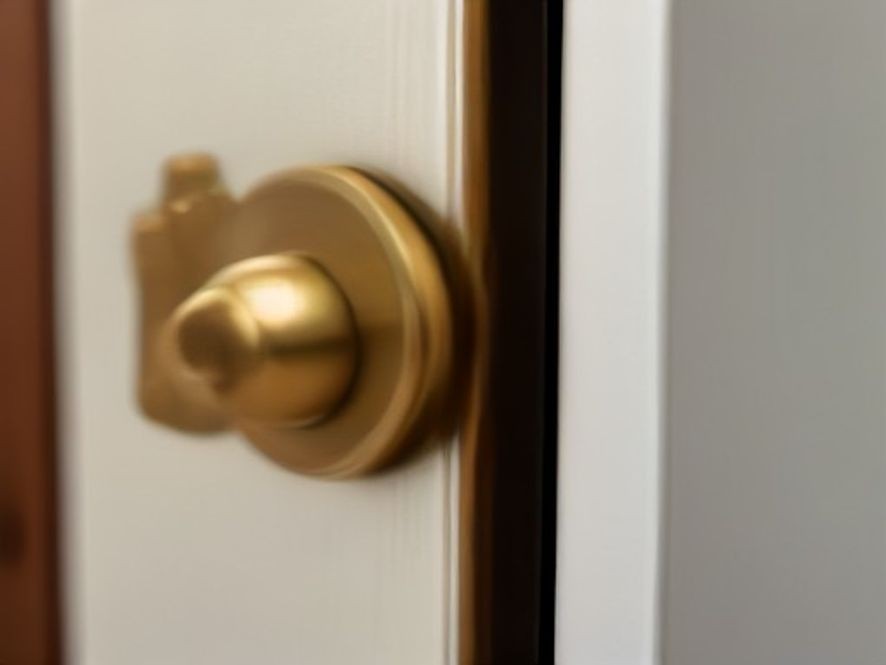 Polished brass cabinet knob surrounded by clean white wood paneling