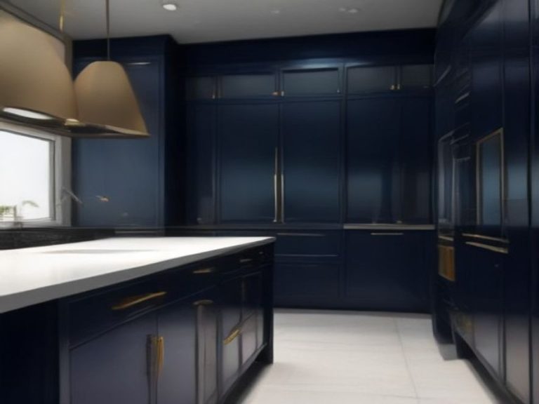 Deep navy kitchen cabinet doors with a spotless polished finish