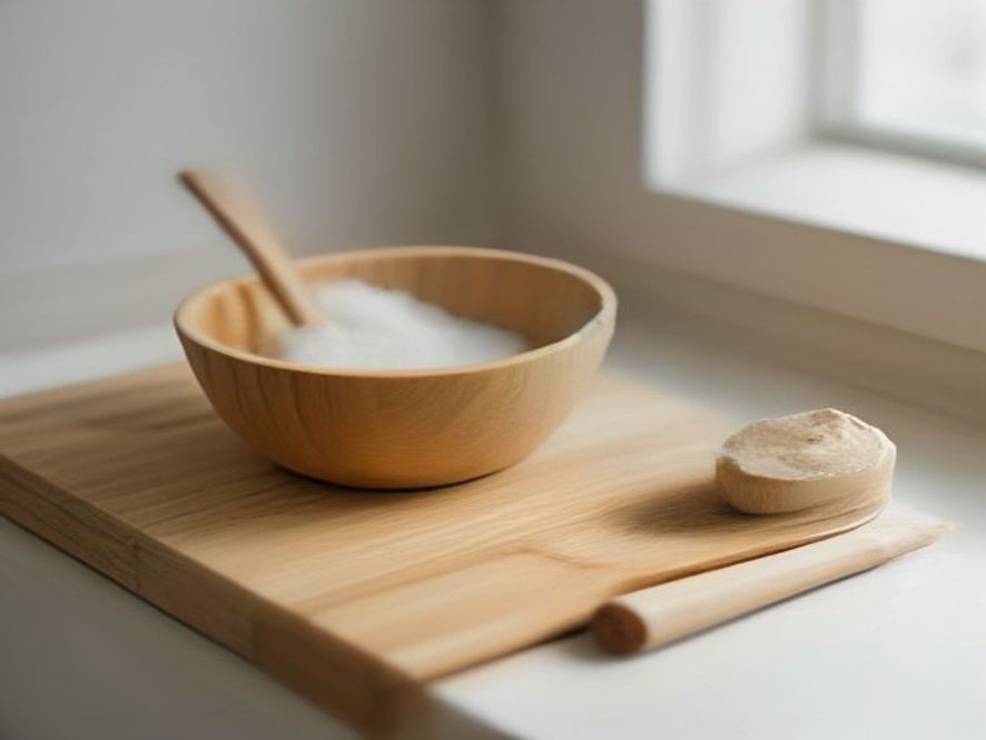 Wooden kitchen tools beside natural cleaning paste on a counter.