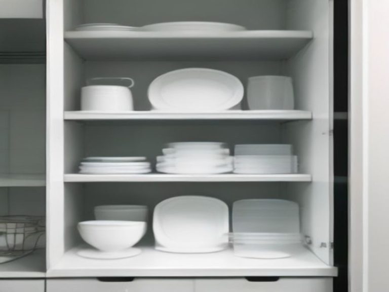 Minimalist kitchen cabinet featuring labeled clear containers and stacked dishes