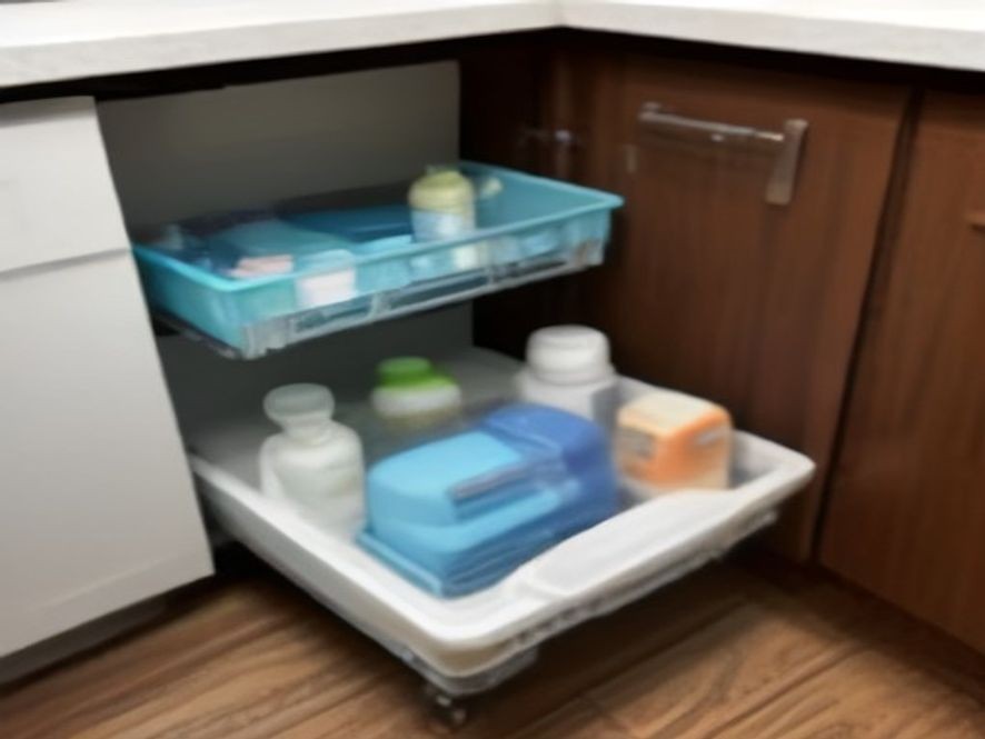 Pull-out cleaning supply caddy located under the kitchen sink.