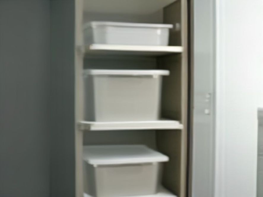 Smart extra supply storage inside a tiny apartment cabinet.