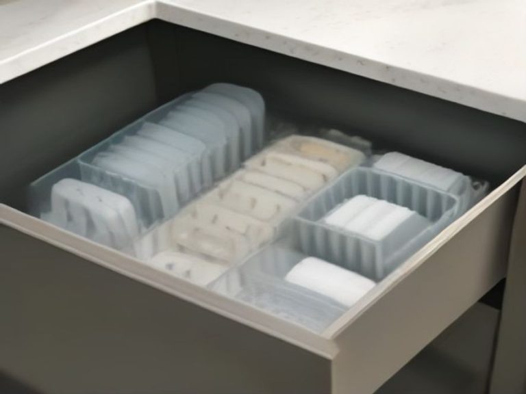 Organized food container storage inside a deep kitchen drawer.
