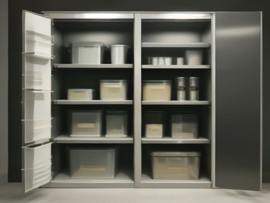 Clear high-sided bins organizing deep kitchen cabinet space.