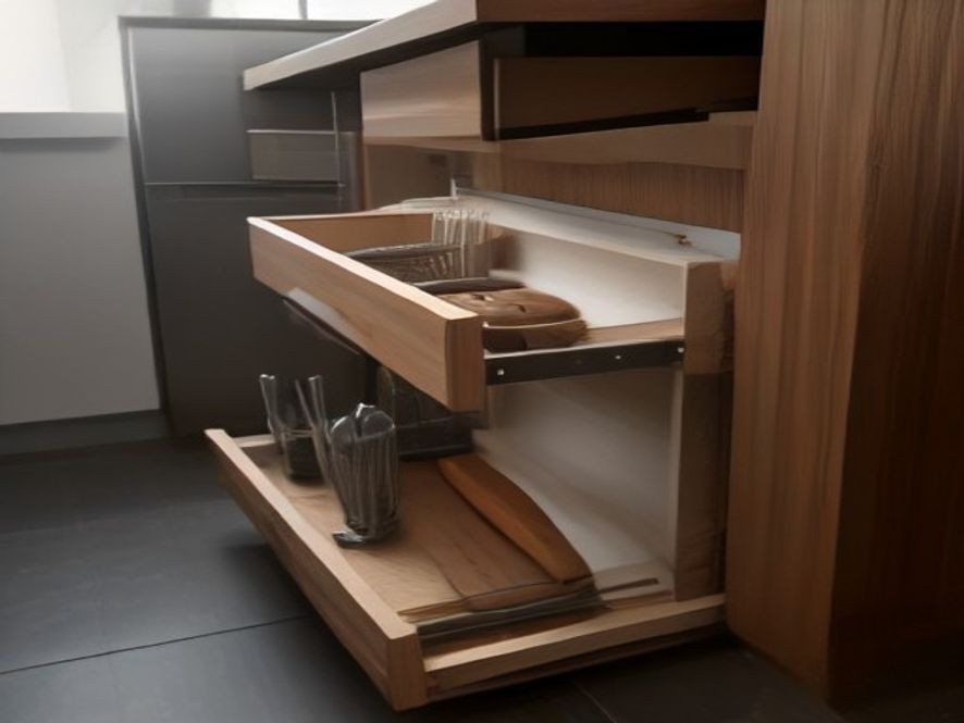 Tall vertical dividers storing extra-long kitchen utensils inside a deep drawer