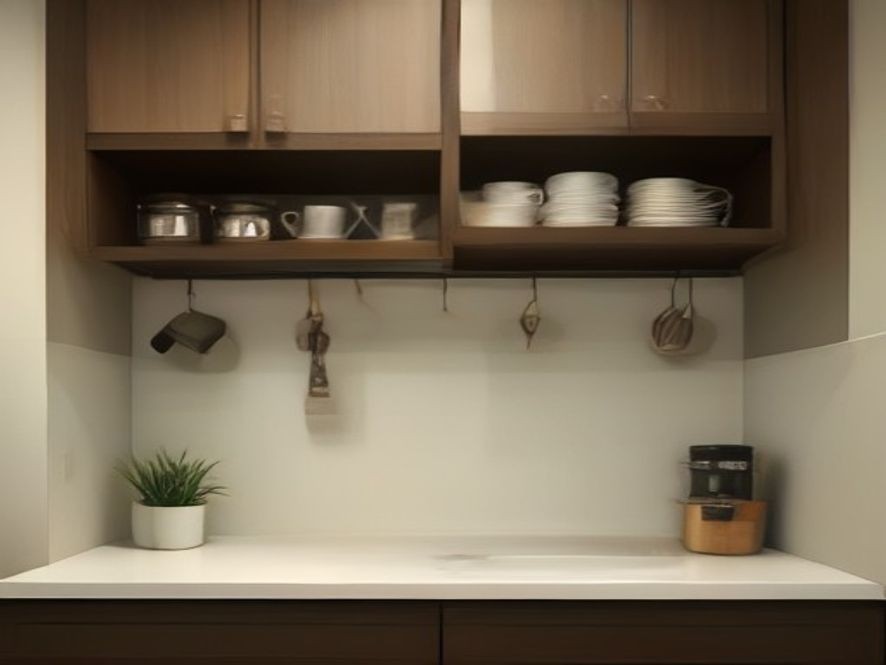 Under-cabinet hanging rail displaying ceramic coffee mugs.