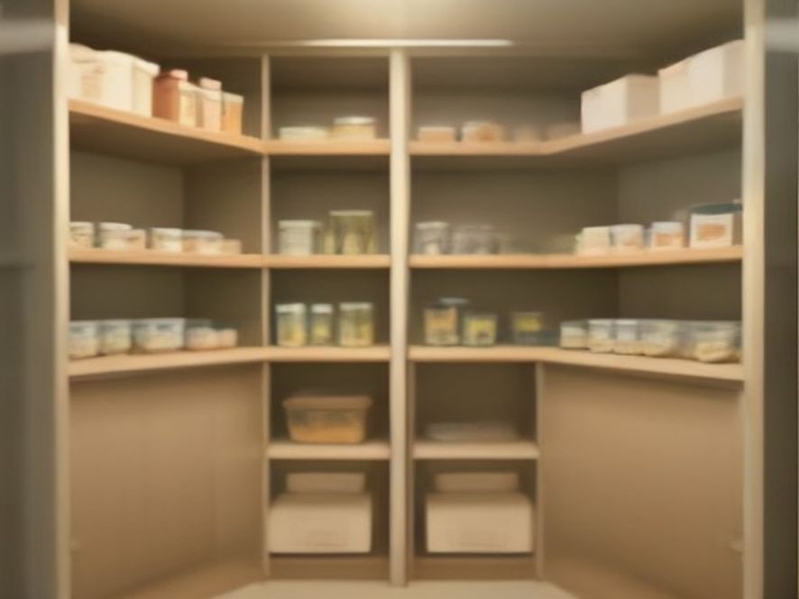 Upper kitchen cabinet repurposed for dry food pantry storage.