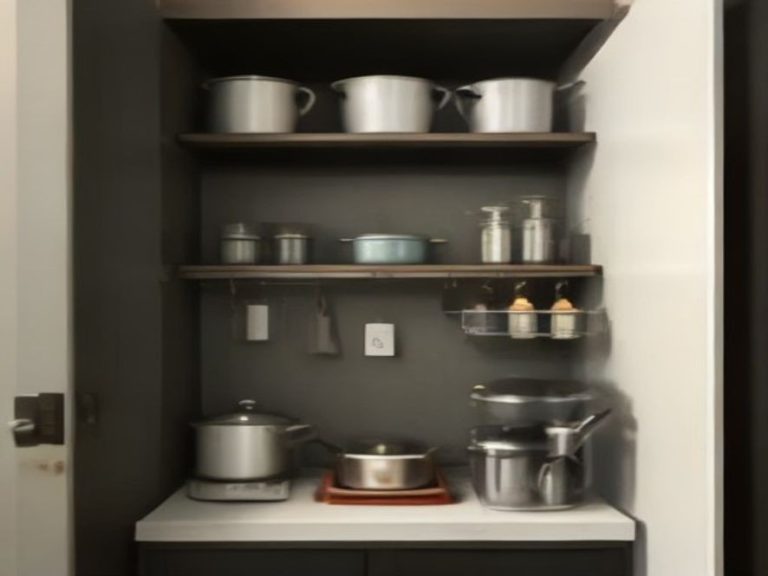 Vertical cookware rack storing pots and pans inside a cabinet.