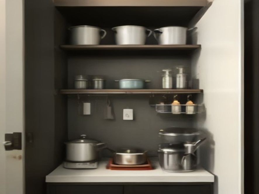 Vertical cookware rack storing pots and pans inside a cabinet.