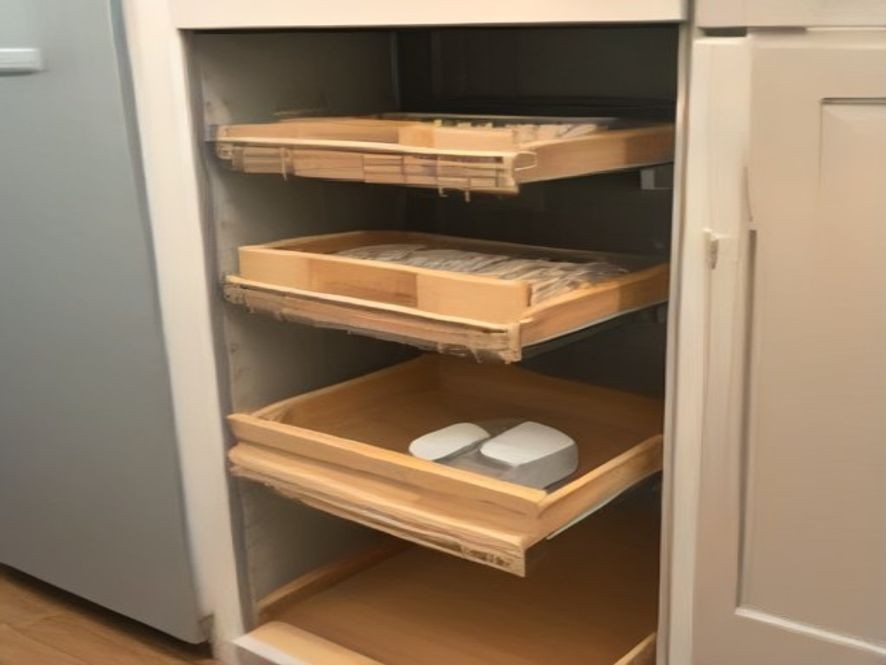 Pantry shelf housing small kitchen appliances on sliding mats.