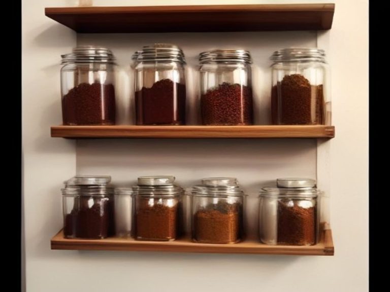 Wall-mounted wooden spice rack keeping counter space clear.