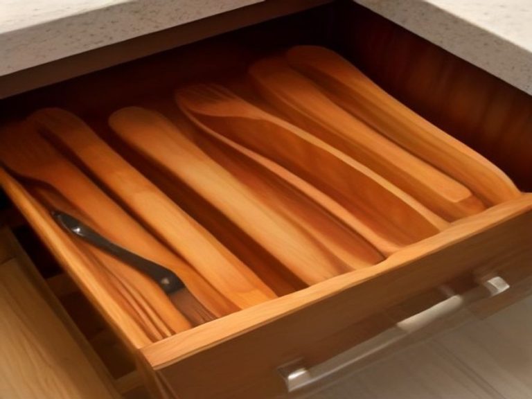 In-drawer diagonal wooden organizer for kitchen utensils.