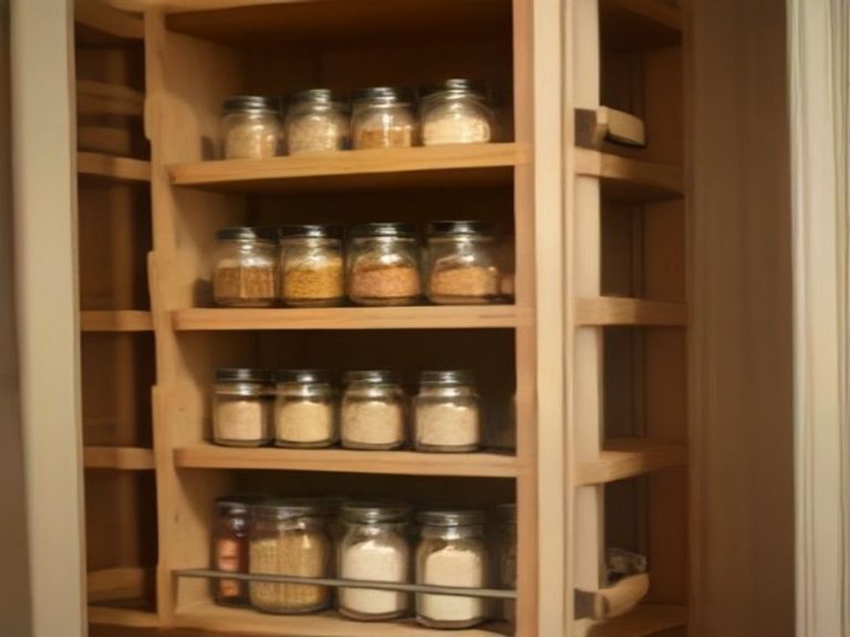 Upper kitchen cabinet transformed into an organized pantry space.