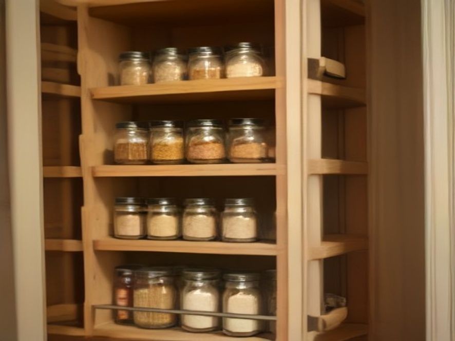 Upper kitchen cabinet transformed into an organized pantry space.