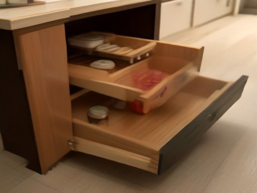 Narrow six-inch pull-out drawer system for kitchen gap storage.