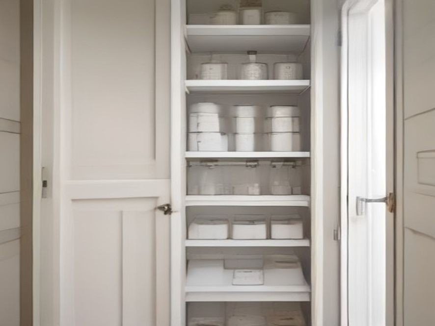 Back of pantry door storage with organized racks and baskets.