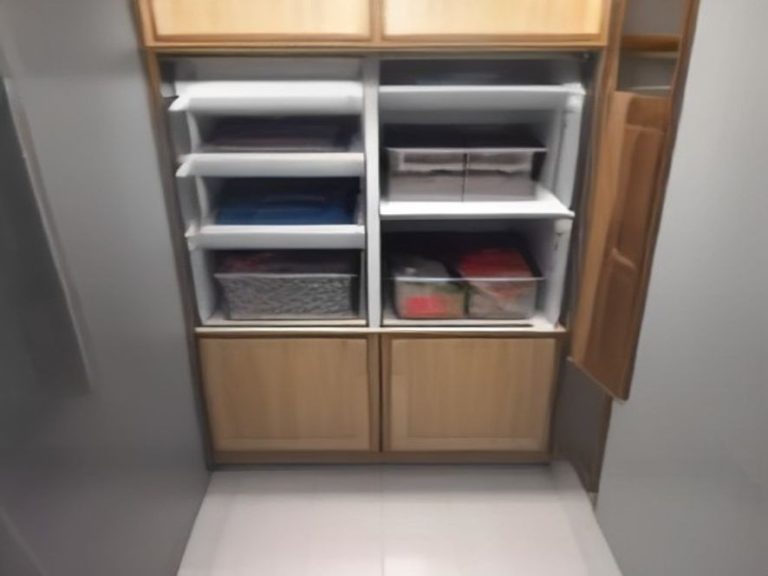 Woven storage baskets utilizing the space above the refrigerator.