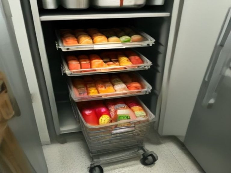 Slim rolling cart fitting perfectly into the refrigerator gap.