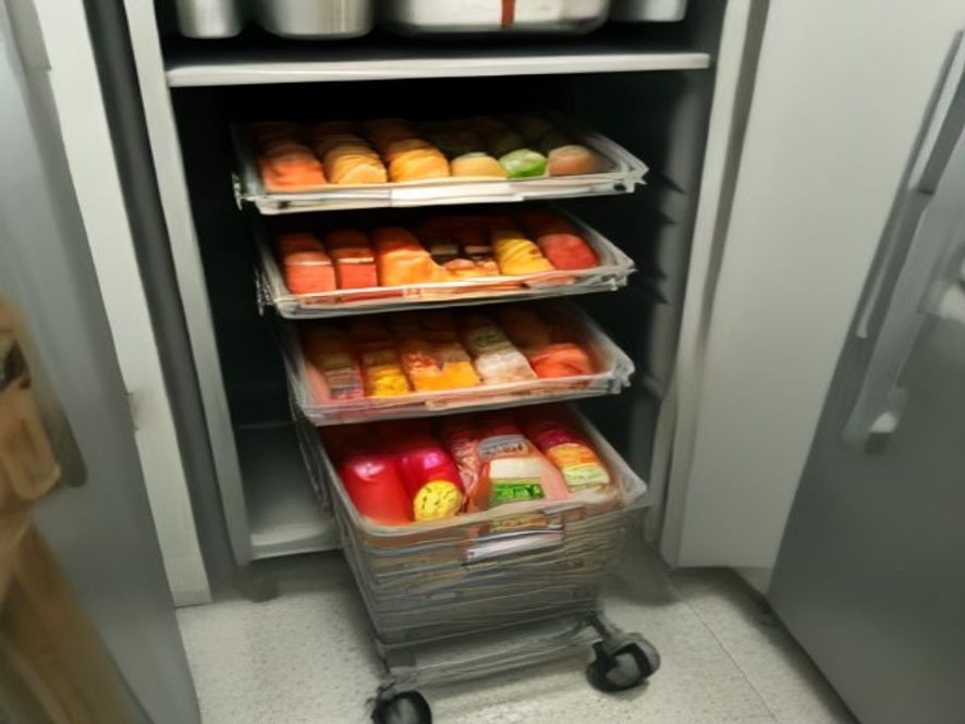 Slim rolling cart fitting perfectly into the refrigerator gap.