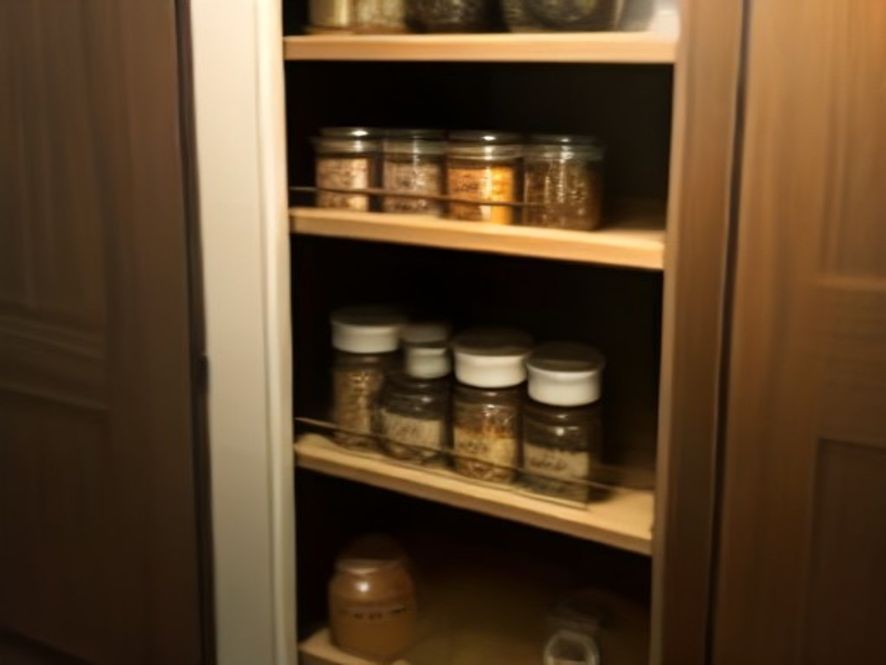 Thin vertical pull-out rack utilizing gap space between cabinets.