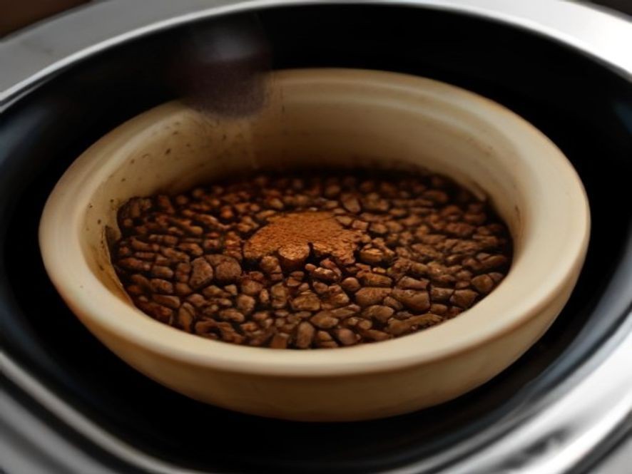 Coffee grounds gathered around the base of a countertop drip coffee maker.