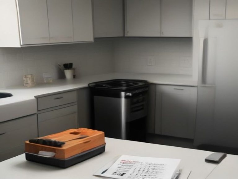 A small red maintenance toolbox sitting near countertop kitchen appliances.