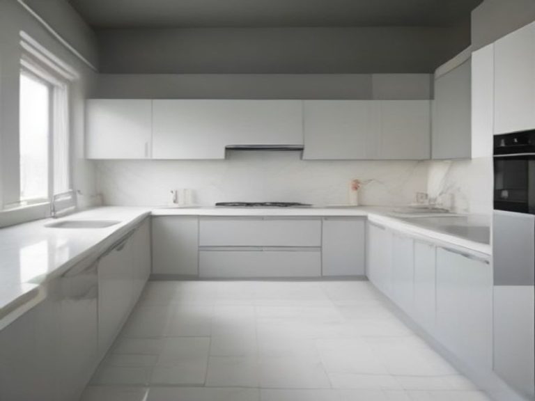 A pristine white kitchen illuminated from top to bottom with bright natural lighting.