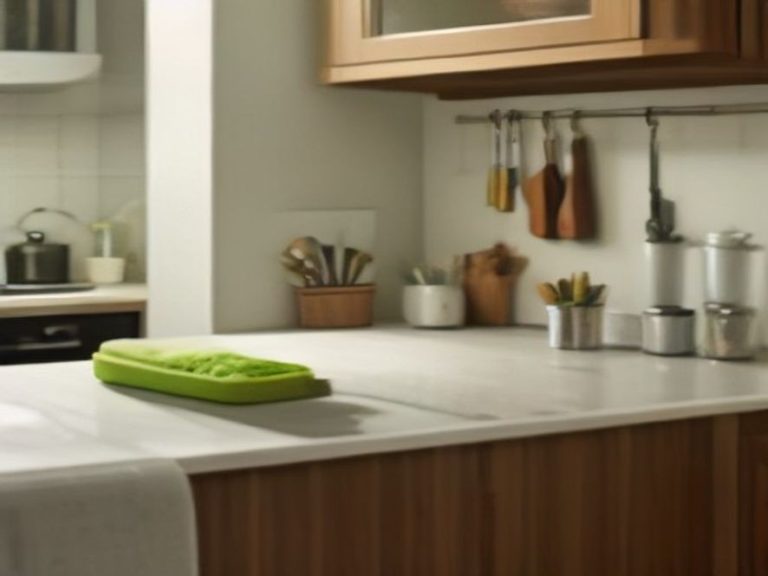 An organized set of color-coded cleaning supplies arranged systematically on a counter.