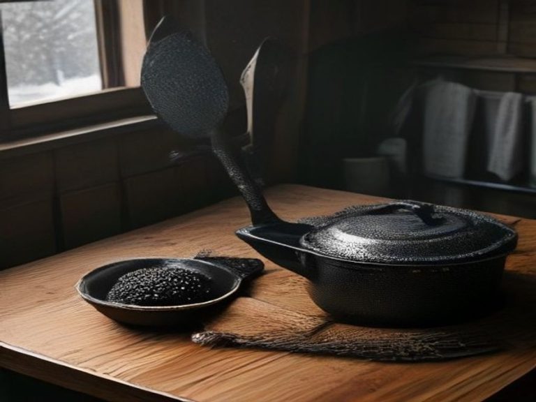 Essential care accessories and metal spatulas for seasoned cast iron cookware.