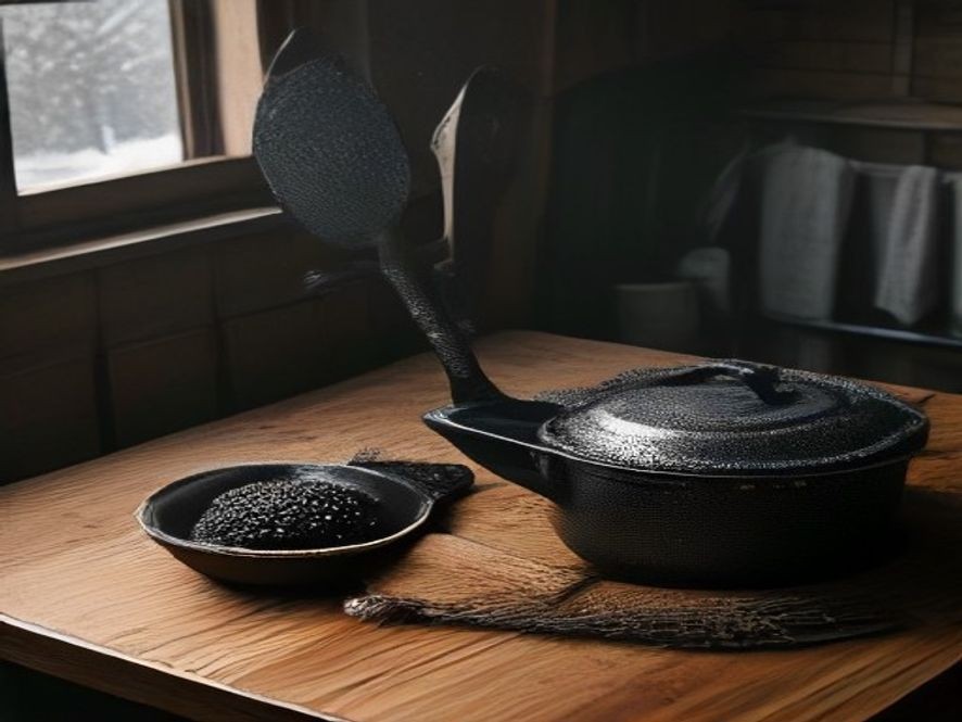 Essential care accessories and metal spatulas for seasoned cast iron cookware.
