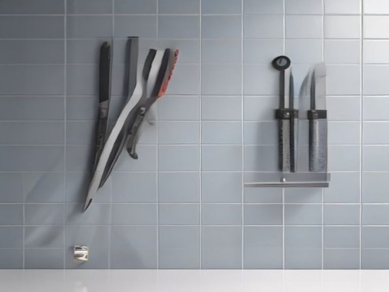 Space saving magnetic rack and wall mounted tools for small kitchen storage.
