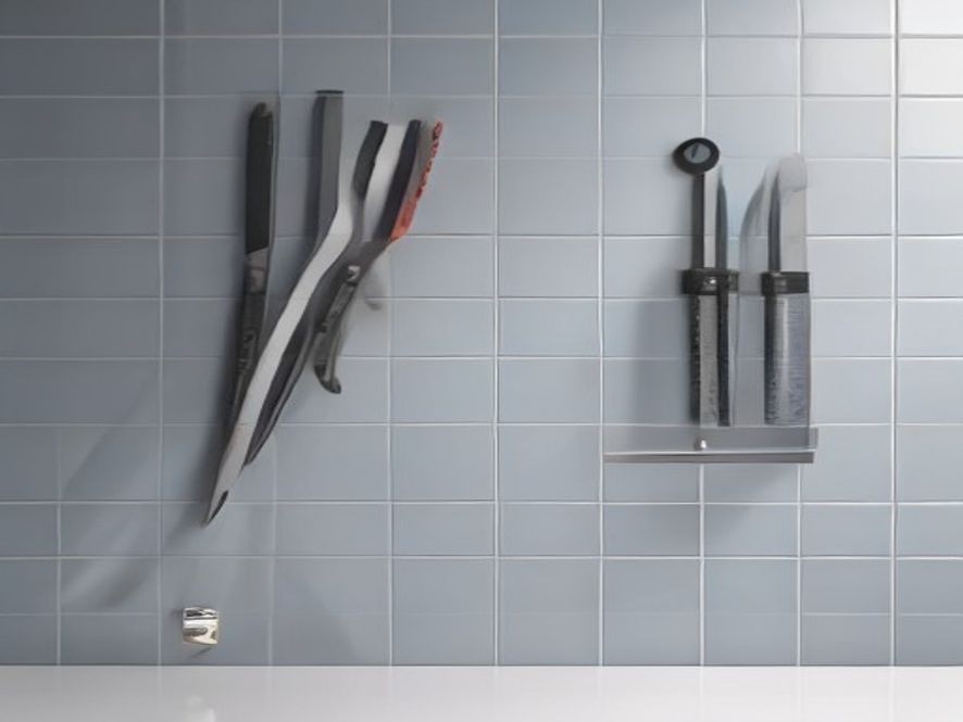 Space saving magnetic rack and wall mounted tools for small kitchen storage.