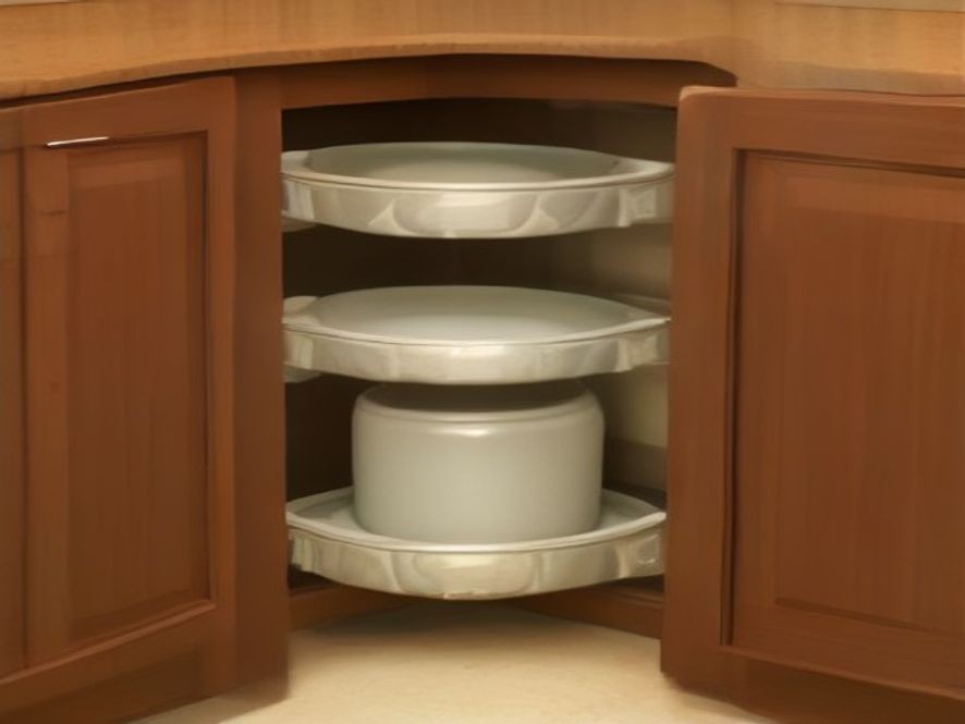 Swing-out tray system making use of awkward corner cabinet space.