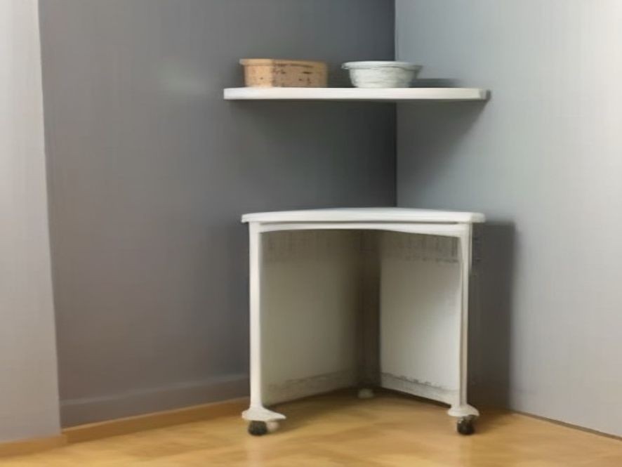 Rolling utility cart providing extra storage in a tiny kitchen.