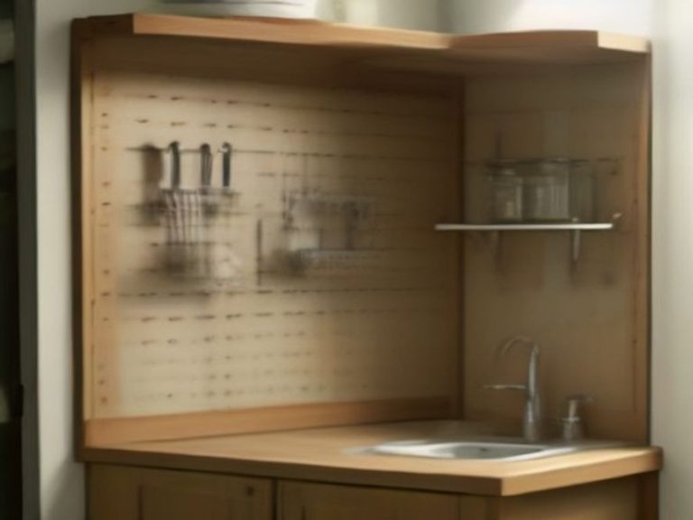 Wall pegboard system keeping small kitchen counters completely clear.