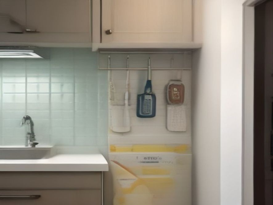 Renter-friendly adhesive hooks organizing tools on a tiled backsplash.