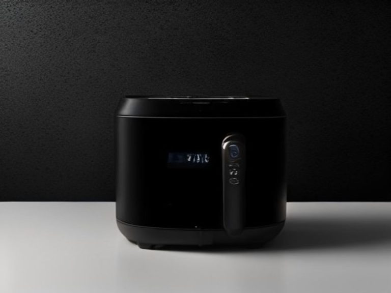 App-controlled smart air fryer positioned beside a smartphone interface