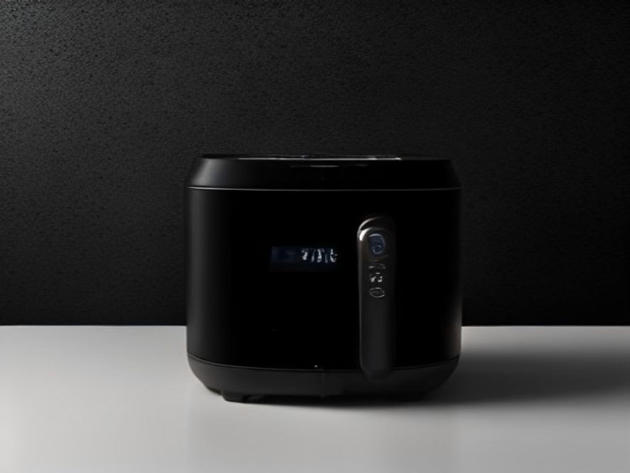 App-controlled smart air fryer positioned beside a smartphone interface