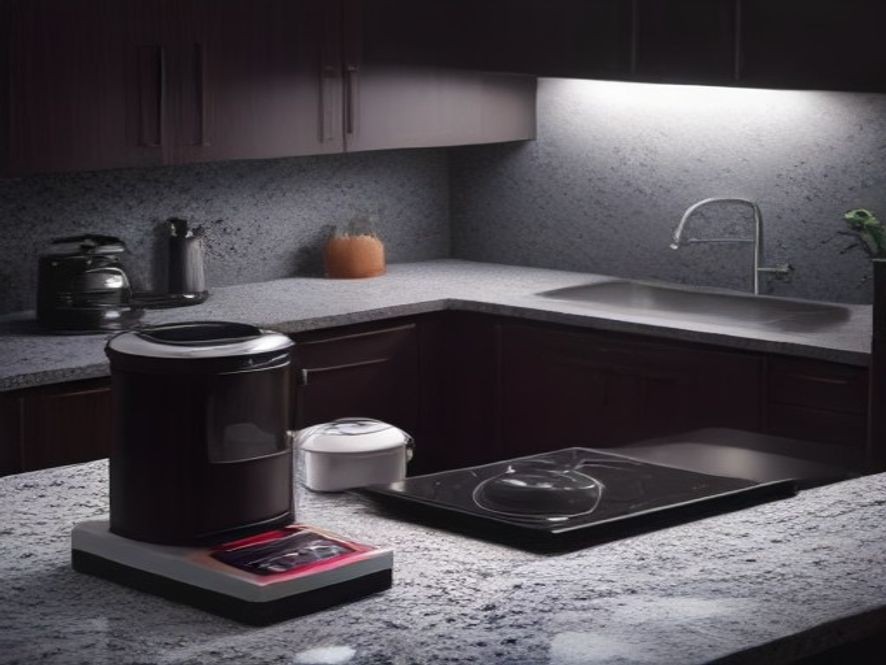 Useful smart kitchen tools organized neatly on a granite surface.