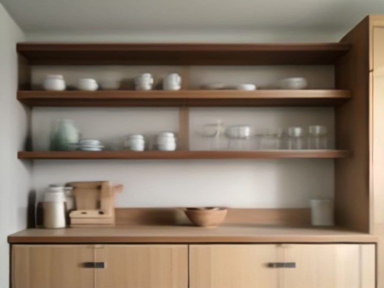 Open wall shelving solutions providing storage for limited-cabinet kitchens.
