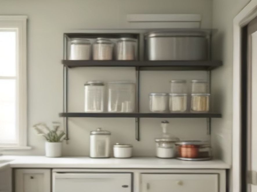 A freestanding storage rack organizing kitchen tools without a pantry.