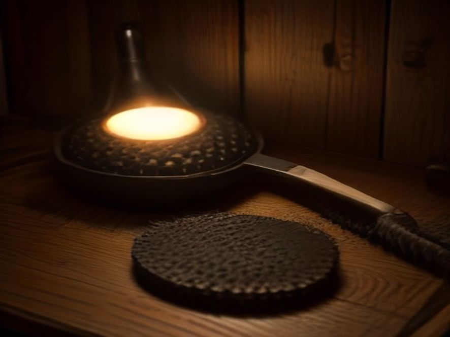 Cast iron skillet displayed with cleaning scrubbers and metal spatula.