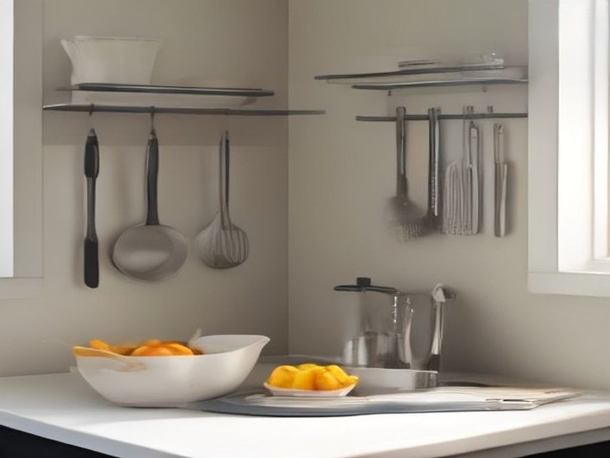 Space saving collapsible gadgets and clip-on tools for small kitchen spaces.